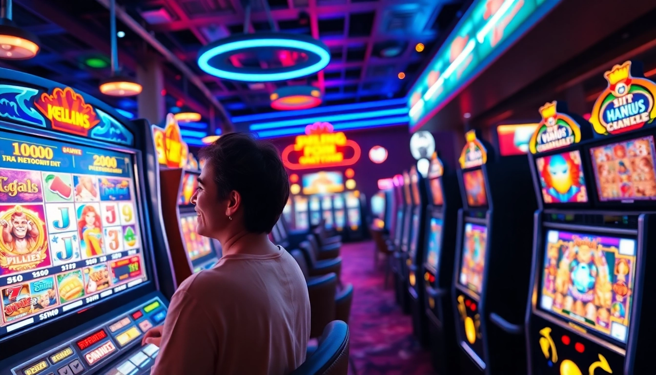 Slot Game menunjukkan mesin slot klasik yang penuh warna dalam suasana kasino yang cerah.