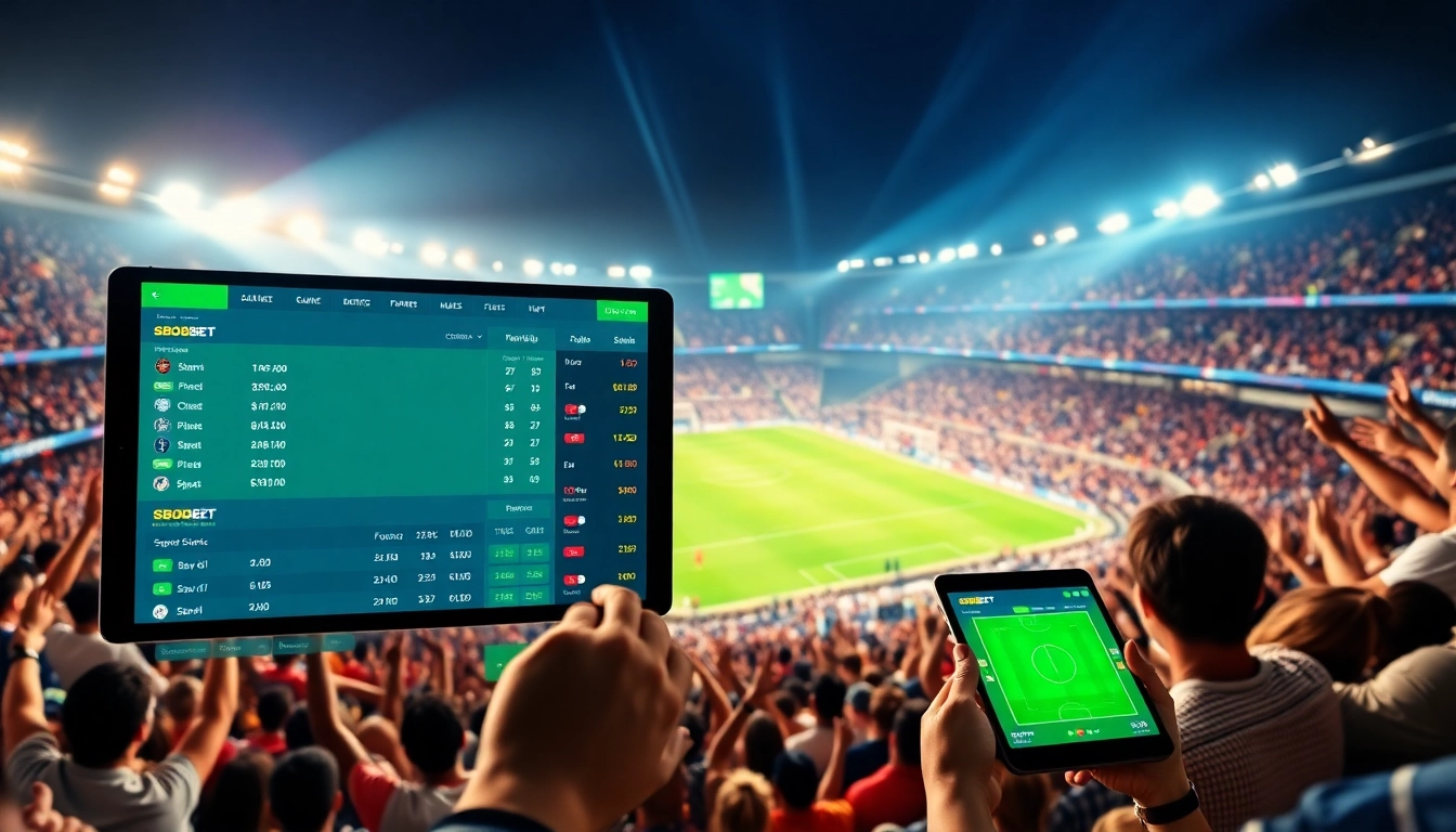 Taruhan SBOBET dengan antarmuka menarik yang menunjukkan statistik langsung dan penggemar di stadion.