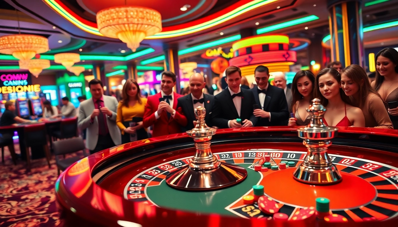 Players enjoying a lively Casino experience at a roulette table, surrounded by bright lights and colorful chips.