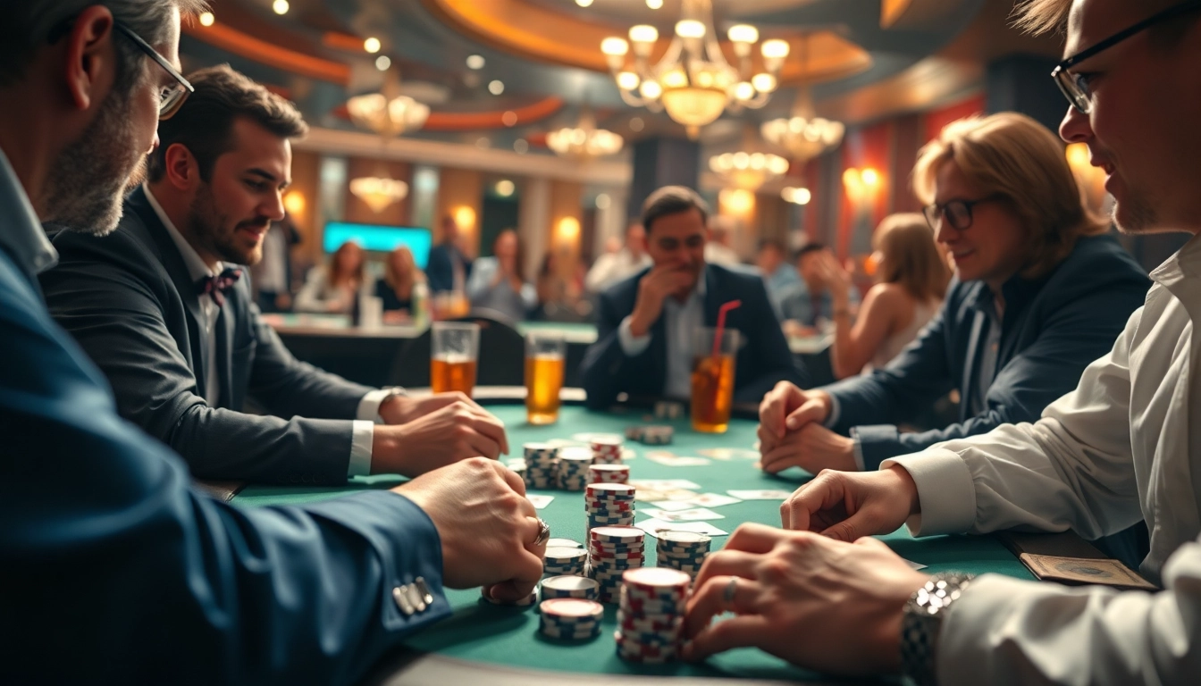 Engaging poker game action with players strategizing at the table amidst chips and cards.