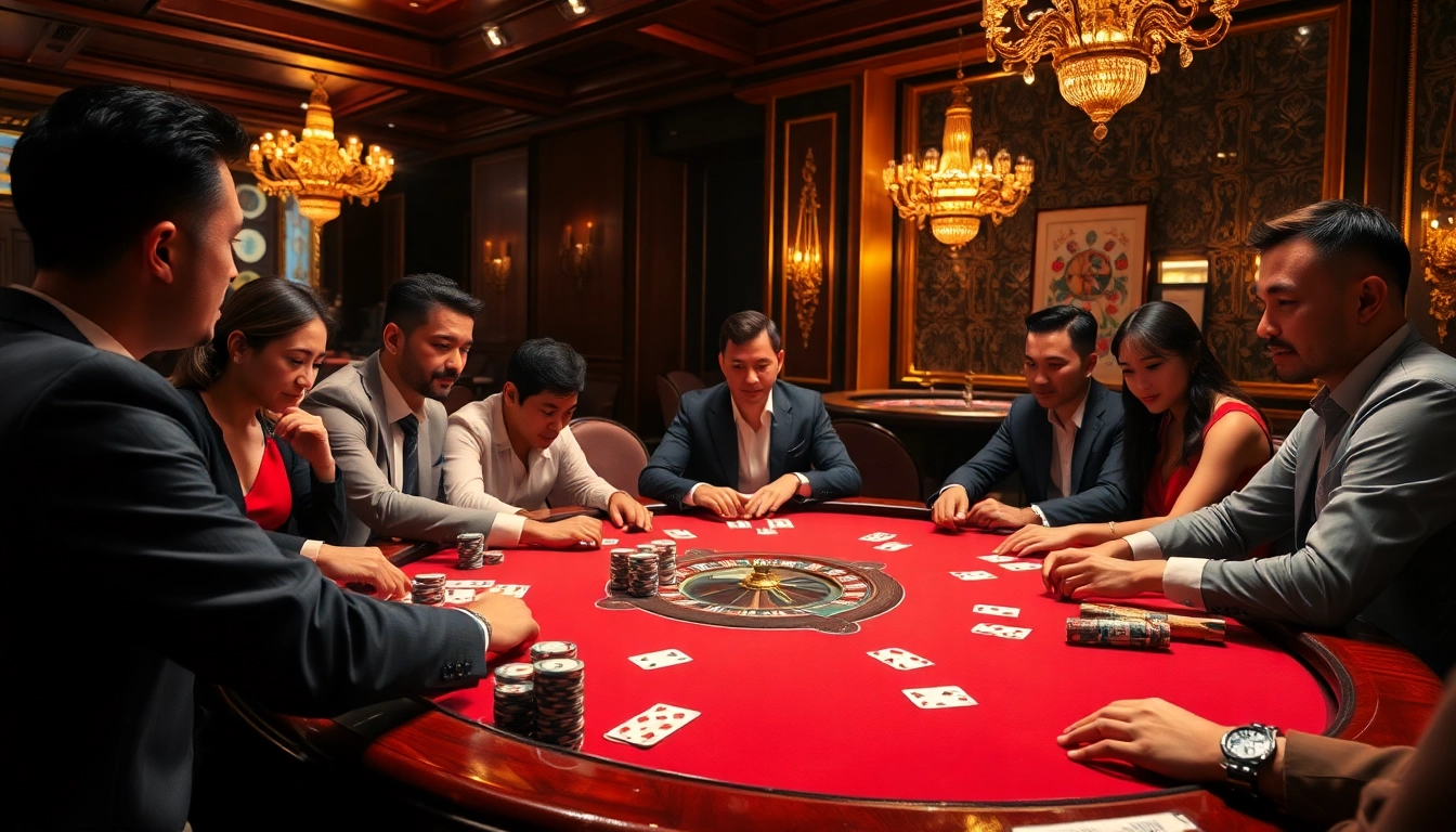 Experience thrilling poker action at https://bl555.family/ casino with players and chips in an elegant setting.