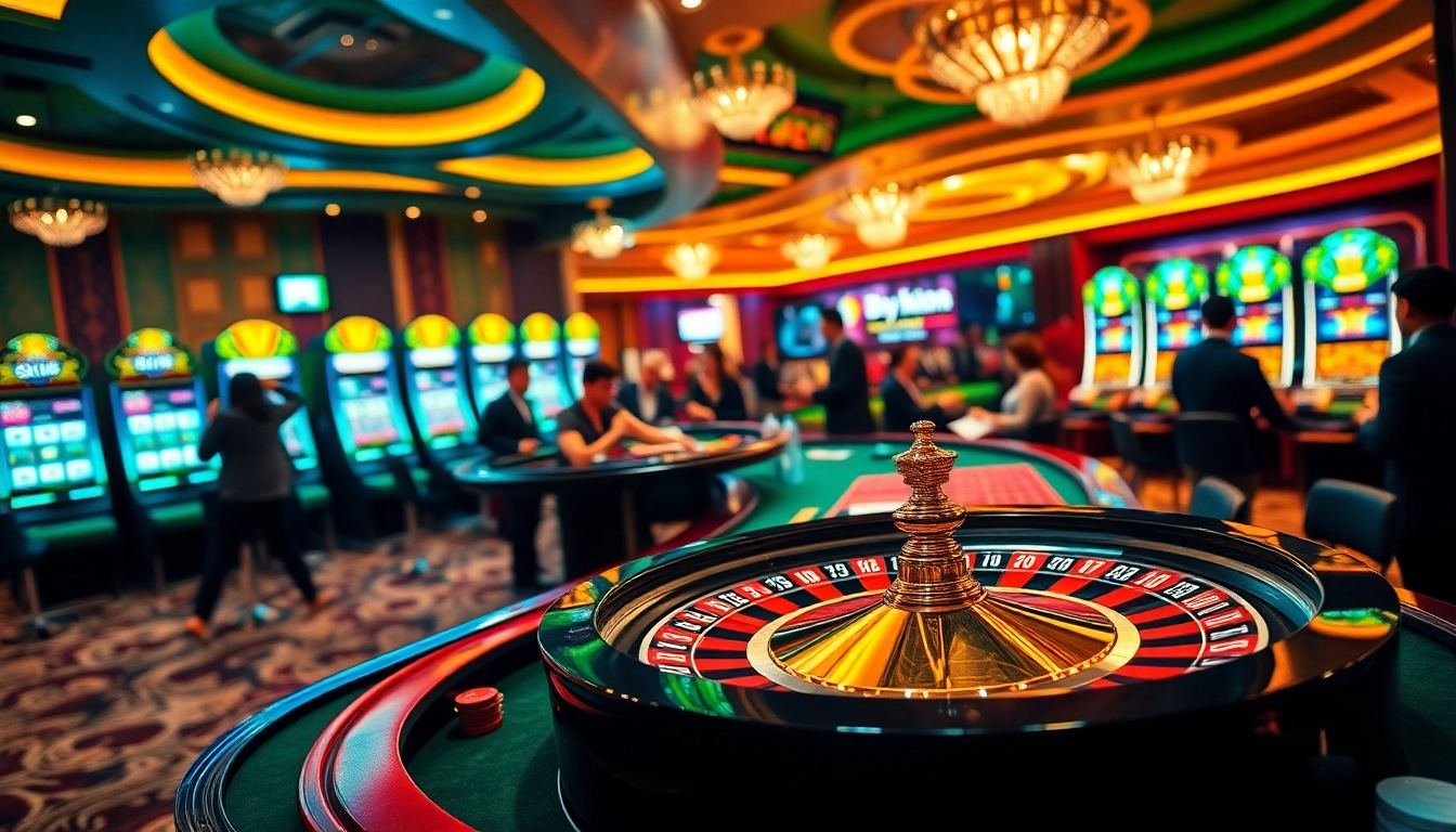 Engage with customer support through liên hệ okfun amidst a thrilling casino scene with vibrant gaming tables.