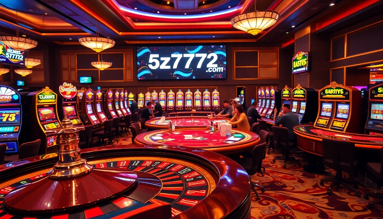Players enjoying a vibrant casino experience at 5z7772 com with poker tables and slot machines.