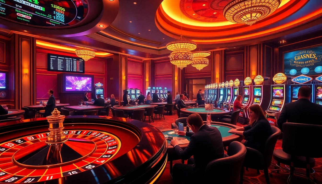 Exciting gameplay at luck8 casino with vibrant poker tables and a roulette wheel.