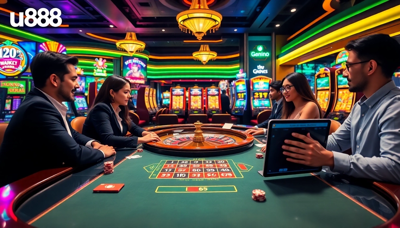 Players enjoying u888 at a luxurious casino table surrounded by vibrant slot machines and betting chips.