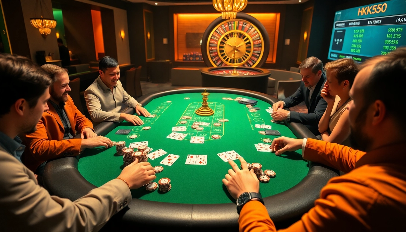 Players at the KK55 poker table engaging in thrilling casino gameplay with vibrant chips.