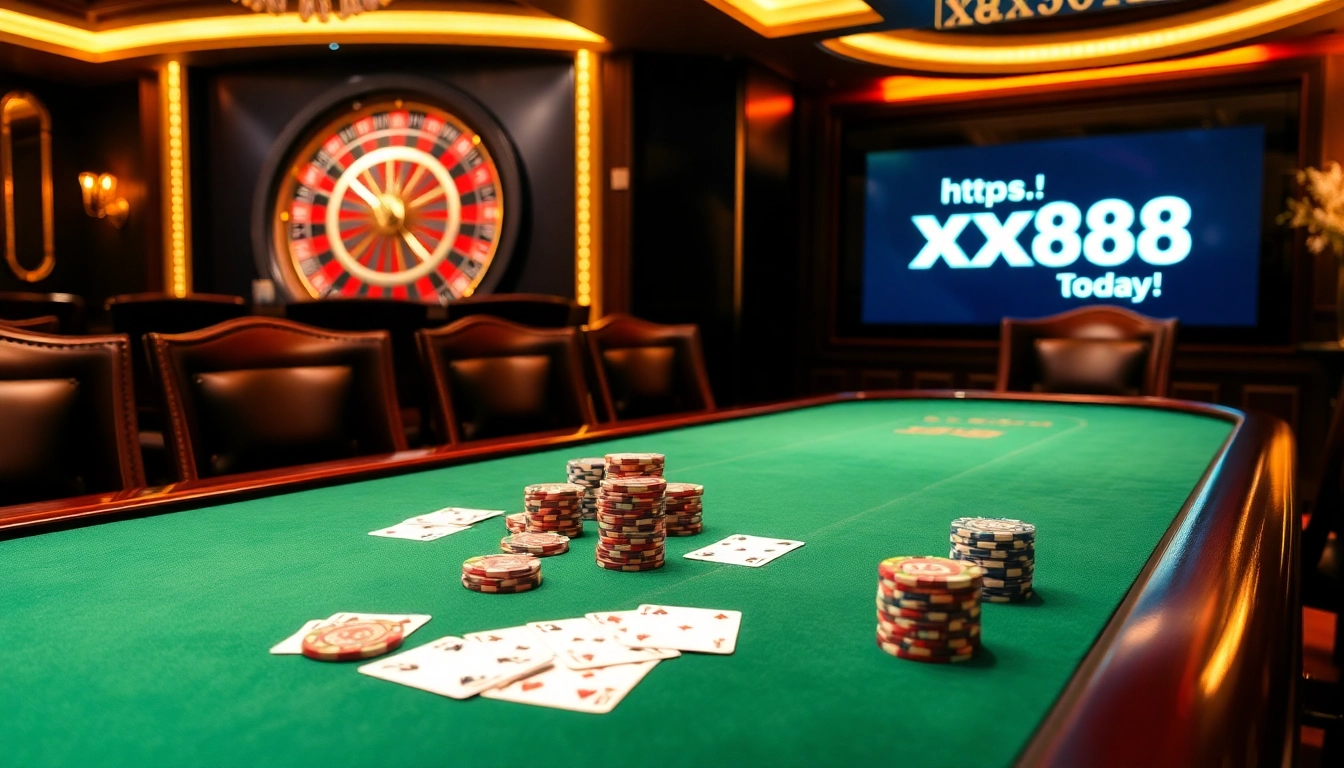 Experience thrilling gameplay at https://xx88.today/ with vibrant poker chips and cards on an elegant casino table.