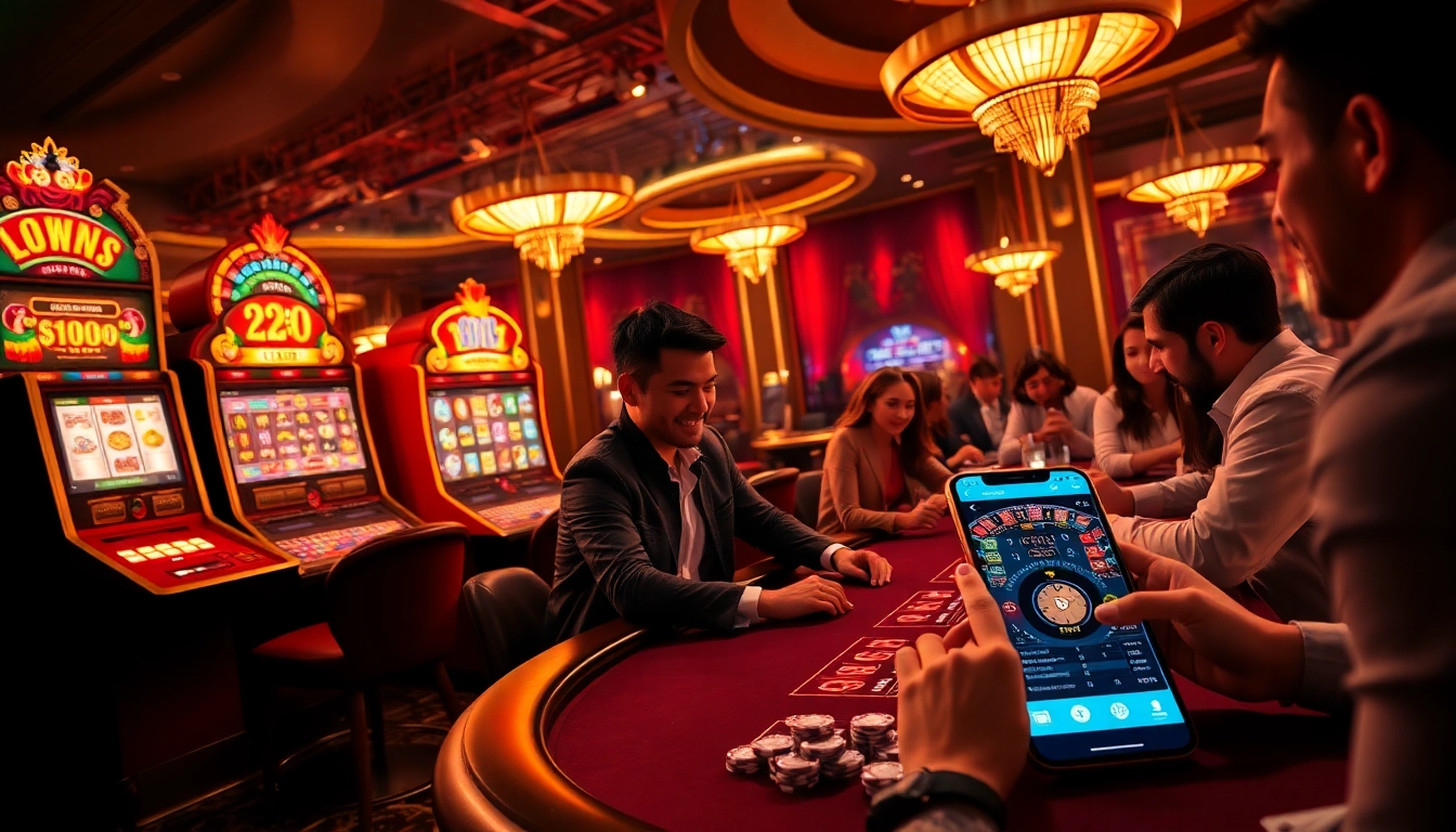 Excited players enjoying games on the 22JL app in a vibrant casino setting.