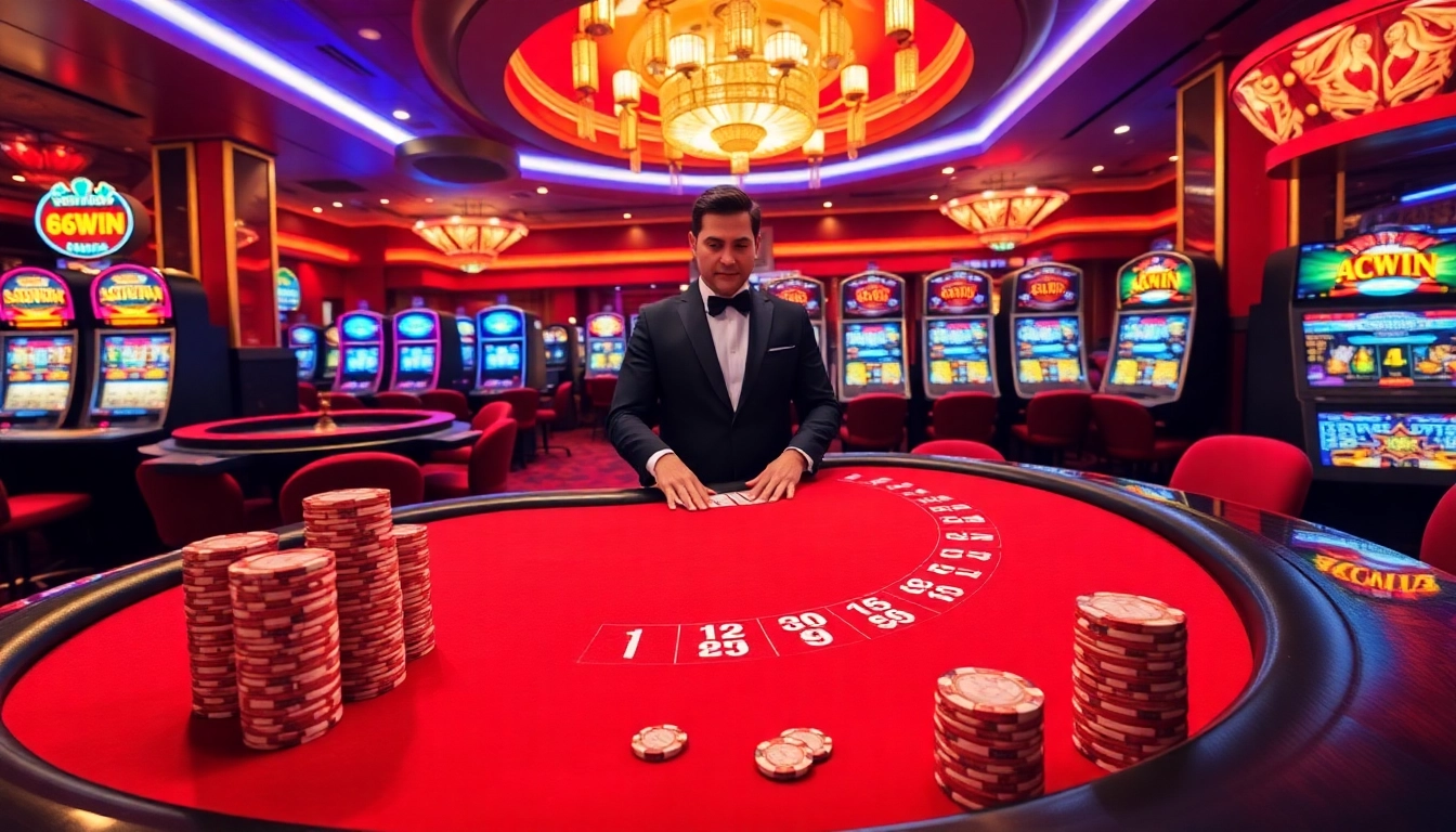 68WIN casino table with vibrant poker chips, illuminated slot machines, and a professional dealer.