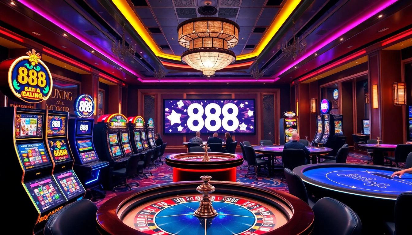 Experience thrilling action at u 888 casino with colorful slot machines and poker tables.