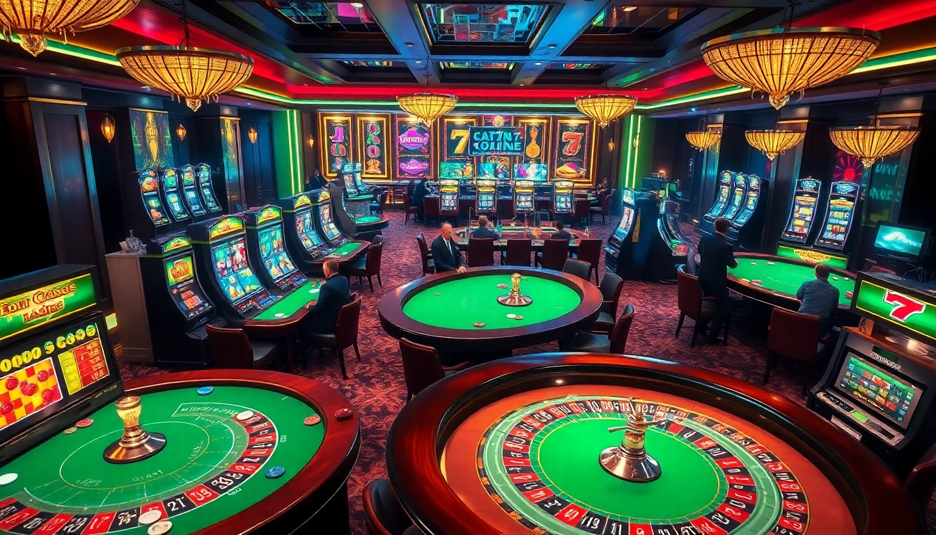 Experience the excitement of 7C77 one at a luxury casino filled with vibrant tables, slots, and players.