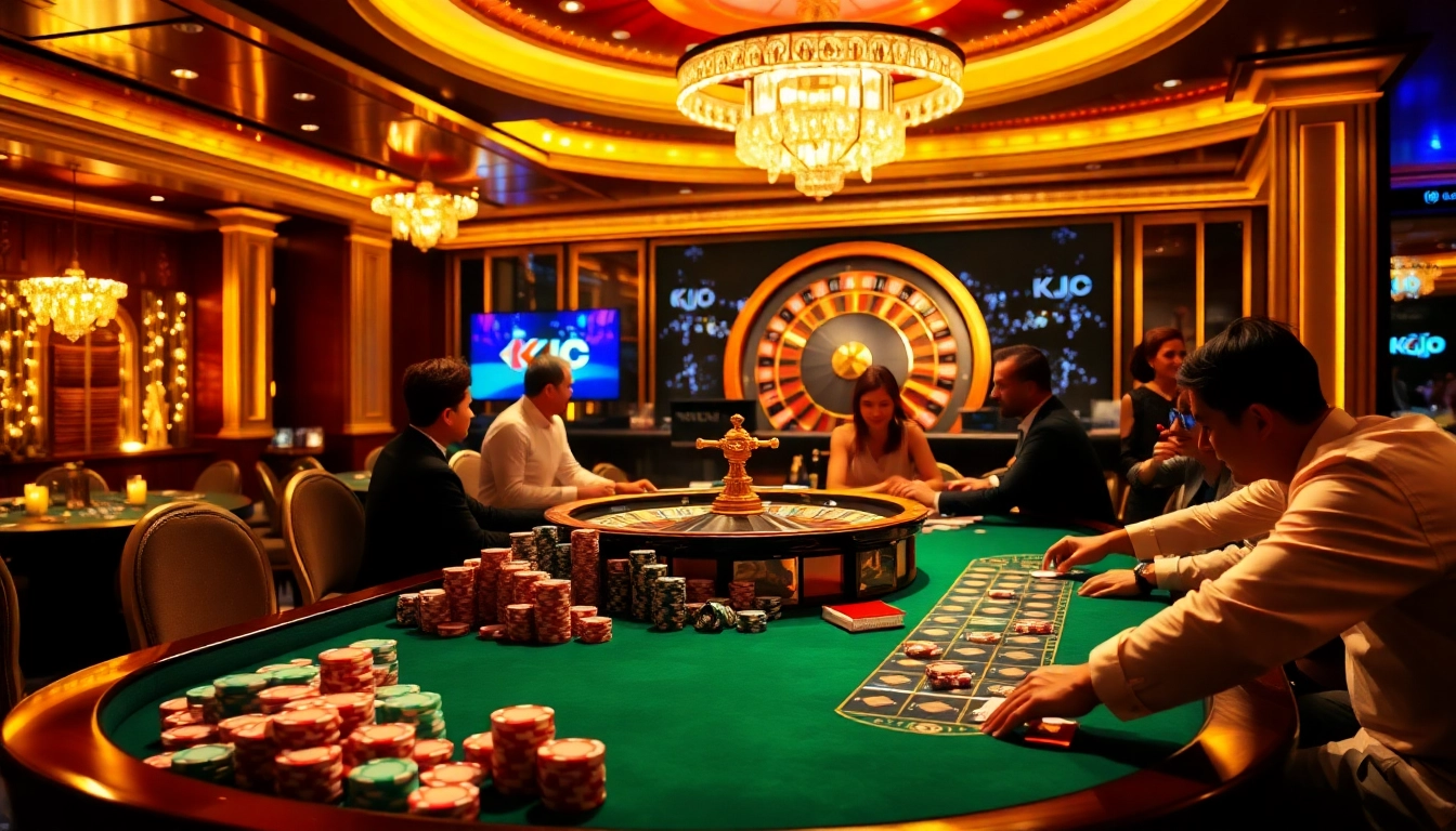 KJC-themed casino scene featuring a poker game with vibrant chips and a spinning roulette wheel.
