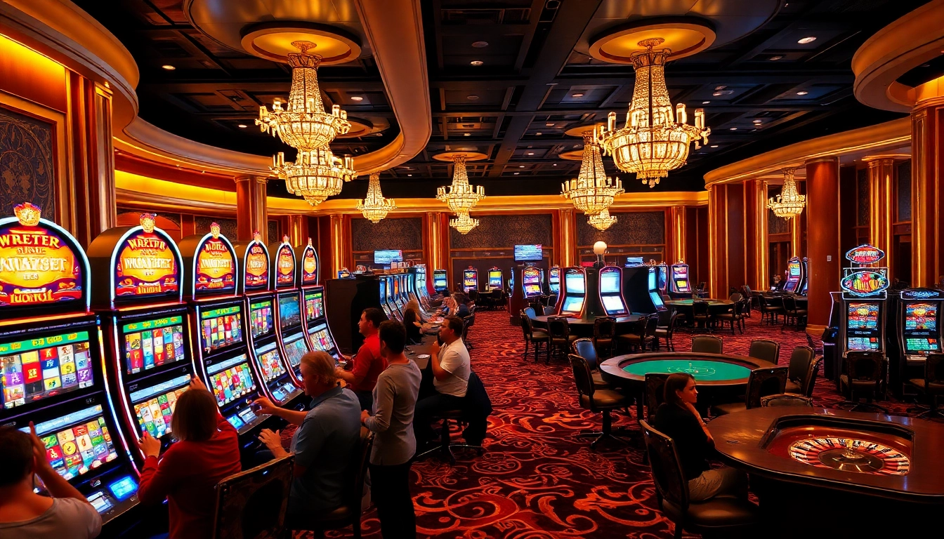 Players joyfully engaging with slot machines in a vibrant casino atmosphere.