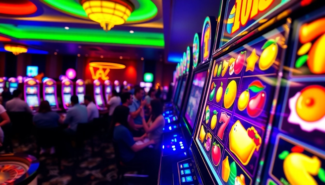 Players enjoying slot machines in a lively casino atmosphere with bright lights.