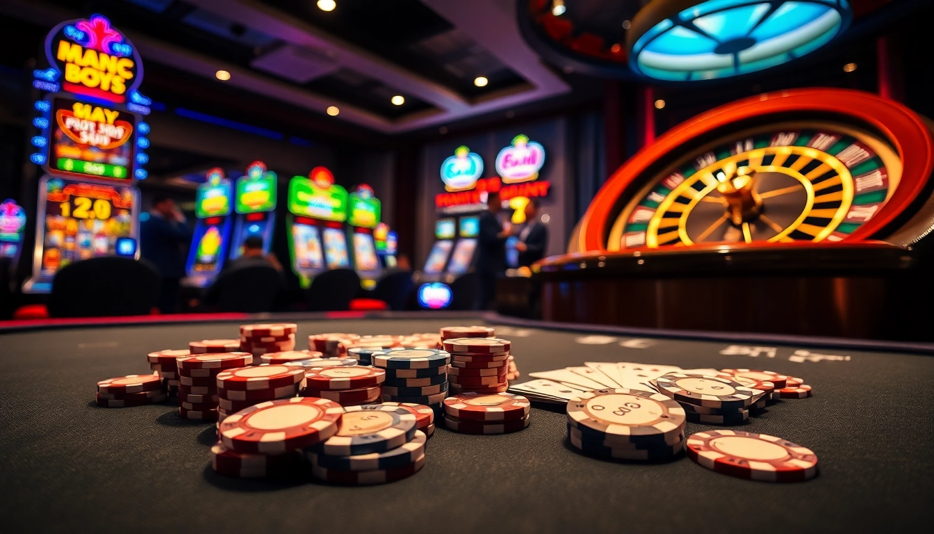 Man88 casino scene featuring a vibrant gaming table with poker chips and a roulette wheel.