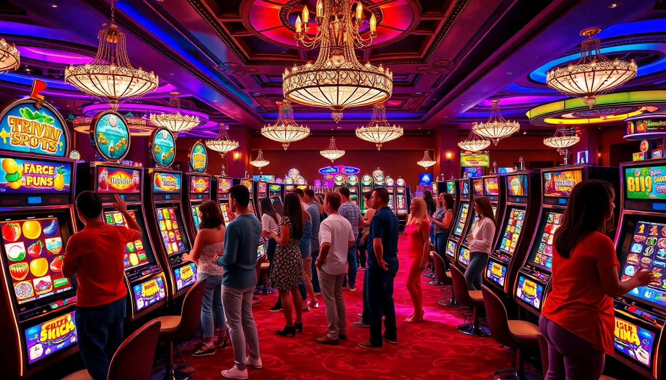 Players engaging with colorful slot machines in a vibrant casino, highlighting the excitement of winning.