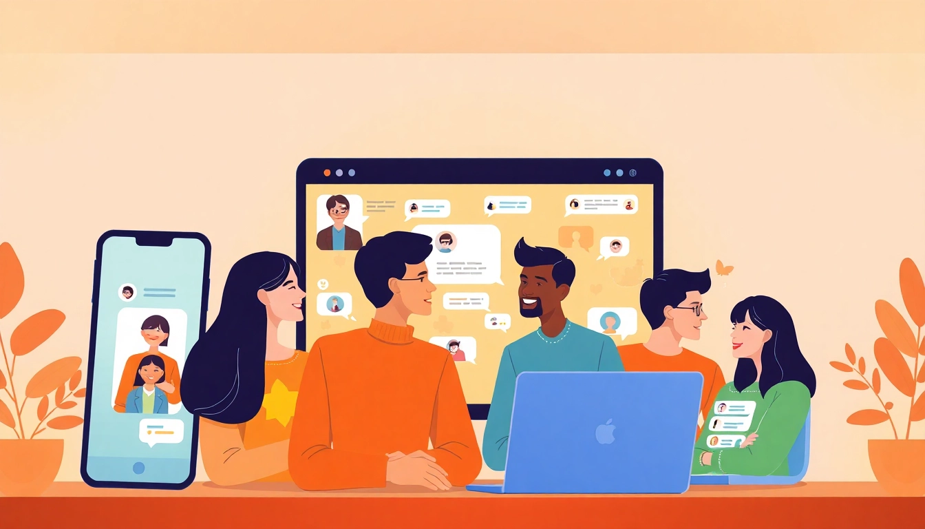 مشهد غرفة دردشة افتراضية جذاب يوضح شات دردشتي بمشاركين من خلفيات متنوعة يتفاعلون.