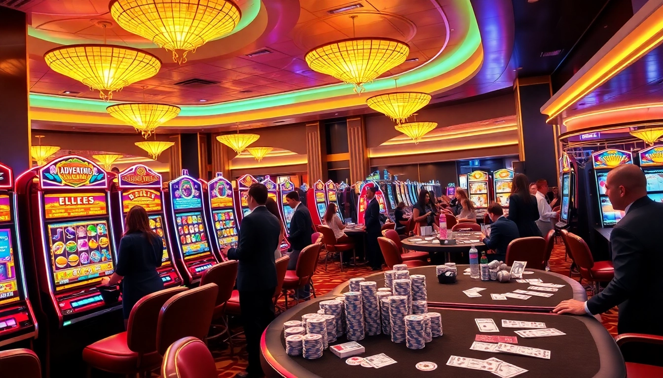 Players enjoying various slot machines in a lively casino atmosphere filled with vibrant lights.