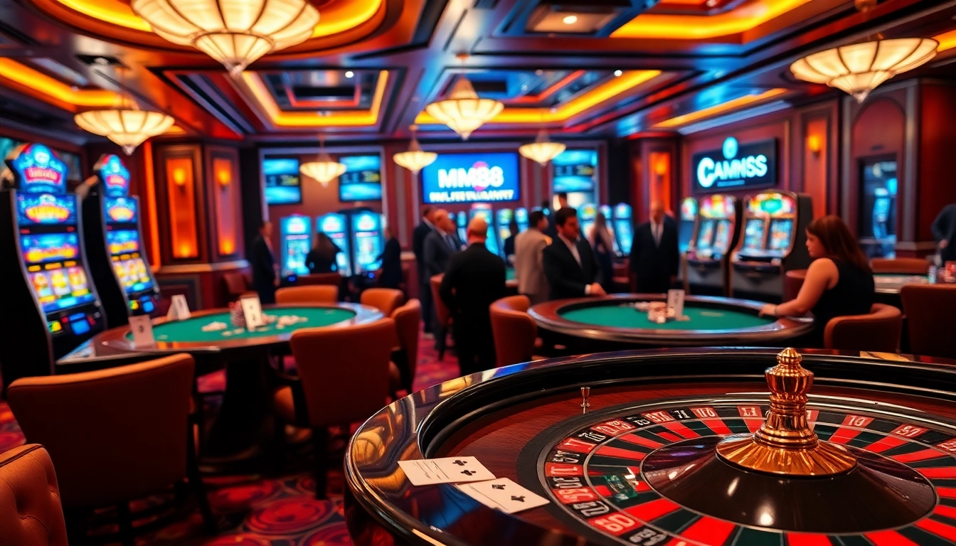 Engaging scene at mm88 casino featuring vibrant slot machines and elegant poker tables.