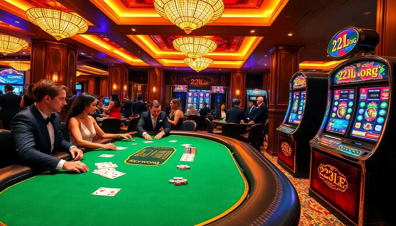 Players enjoying poker at 22jl org with vibrant casino atmosphere and colorful chips.